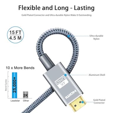 LEADSTAR HDMI Cable 4K 15 ft / 4.5m, High Speed HDMI 2.0 Cord Braided | 4K@60Hz, Ultra HD, 2160p, ARC, HDR, 3D, HDCP 2.2 | for Xbox, PS5, TV, Laptop, Monitor - Image 3