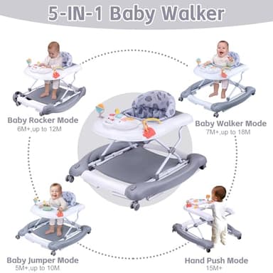 5 in 1 Foldable Baby Walker, Activity Baby Walker-Baby Bouncer, Rocker, Activity Center,Seat and Push Walker,Detachable Trampoline Mat, Adjustable Speed Rear Wheels and Height,Ages 6-18 Months(Grey) - Image 3