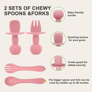 Munlinder Silicone Baby Feeding Set | Baby Led Weaning Supplies Includes Suction Bowls and Divided Plates, Adjustable Bib, Baby Utensils Spoons and Forks,Cup | Baby Feeding Essentials (Pink) - Image 6