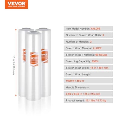 VEVOR Stretch Film, 15 inches x 1000 feet, 60 Gauge Industrial Strength Clear Durable Stretch Wrap Roll, Heavy Duty Shrink Film Stretch Wrap with Handles for Pallet Wrapping Shipping Moving, 3 Pack - Image 7