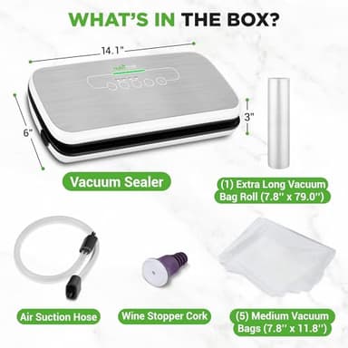 NutriChef Food Vacuum Sealer Machine - Automatic Air Sealing System for Dry & Moist Foods, LED Touch Controls, Includes Vacuum Bags, Hose & Wine Stopper, High Suction Power, 14"x6"x3", Silver - Image 5