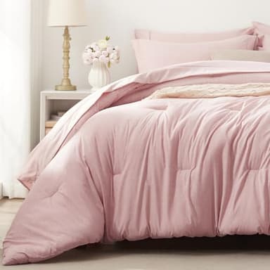 UNILIBRA Queen Comforter Set 7 Pieces Bed in a Bag - Pink Queen Soft Bedding Set for All Seasons - Cationic Dyeing Bed Comforter Sets with Comforter, Flat Sheet, Fitted Sheet, Pillowcases & Shams - Image 3