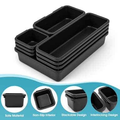 10 PCS Drawer Organizer Set, 4 Size Makeup Drawer Divider Organizer With Non-Slip Pads, Interlocking Plastic Storage Bins for Office,Jewelry Vanity,Gadgets, Bathroom,Kitchen, Black - Image 3