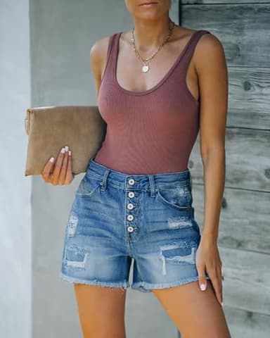 ZOLUCKY Women's Stretch Jean Shorts Mid Waist Distressed Frayed Raw Hem Denim Shorts for Women Blue XXL - Image 2