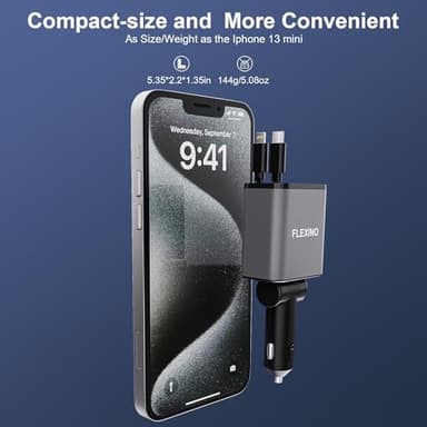 Flexino Retractable Car Charger for iPhone 16, 69W Fast Charging Car Charger USB C, Car Chargers with 2 Retractable Cords 2.6ft, Car Adapter for iPhone 16/15/14/13/12 Series, Galaxy, Grey - Image 5