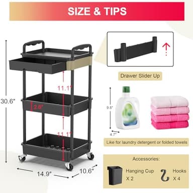 Goovilla 3 Tier Rolling Utility Cart Organizer with Removable Drawer, Stable and Sturdy Black Rolling Storage Carts with 2 Lockable Wheels for Bathroom, Kitchen, Snack, Craft, Makeup, Baby Essentials - Image 4
