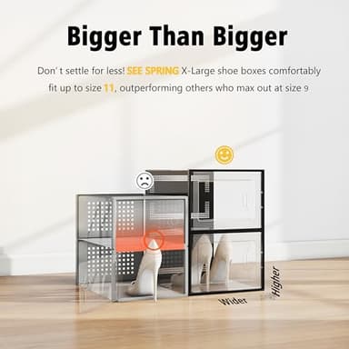 SEE SPRING X-Large Black Modern Plastic Shoe Box, 12 Pack, Clear Front Door, Stackable, Foldable, Ventilated, Fits US Size 11, 13.2''L9.1''W7.3''H Inch, 655.65 Cubic Inches, Already Assembled - Image 2