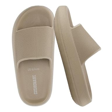 CUSHIONAIRE Feather EVA Slides for Women – Comfortable Slip On Womens Slippers, Indoor Outdoor Shower Shoes, Beach Essential Cloud Slides, PUTTY 7 - Image 1