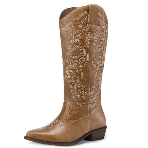 mysoft Women's Cowboy Boots Mid Calf Cowgirl Embroidered Western Pointed Toe Chunky Heel Pull On Knee High Boots - Image 1