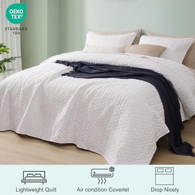 PHF Quilt Bedding Set Queen Size - Lightweight Summer Bedspread, 3PCS Soft Breathable Leaf Pattern Bedding Coverlet for All Season, Drop Nicely Quilt 90" x 96"with 2 Pillow Shams, Coconut White - Image 2