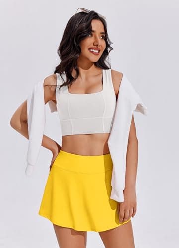 PINSPARK Pleated Tennis Skirt with Pockets for Women Athletic Golf Skorts Skirts with Shorts High Waist,Yellow Large - Image 3