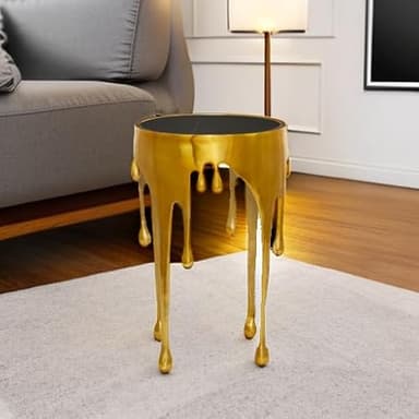 Deco 79 Aluminum Metal Abstract Melting Drip Accent Table with Melting Design and Shaded Glass Top, 16' x 16' x 25', Gold - Image 6