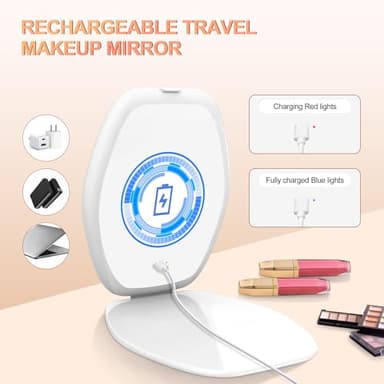 Travel Makeup Mirror with Light: 3 Color Lighting Portable Mirror with Touch Screen Rechargeable Adjustable LED Lights Hexagon Vanity Mirror for Travel, Desk, Home (White) - Image 4