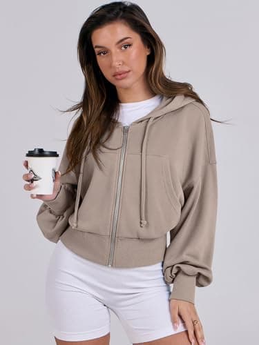 ANRABESS Womens Zip Up Hoodies Cropped Sweatshirts Casual Comfy Cute Zip Jackets Fashion Trendy Fall Outfits 2025 Y2K Clothes Khaki Small - Image 9