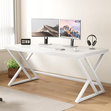 LVB White Computer Desk, Modern Wood Home Office Desk for PC Writing Work, Metal Wooden Executive Workstation Student Simple Desk, Computer Study Gaming Bedroom Table, 55 Inch, White Oak - Image 1