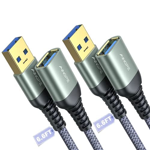 AINOPE 2 Pack USB Extensions Cable High Speed USB 3.0 Extension Cord Type A Male to Female Sturdy Braided Material Fast Data Transfer Compatible with USB Keyboard,Mouse,Flash Drive,Grey,6.6FT+6.6FT - Image 1