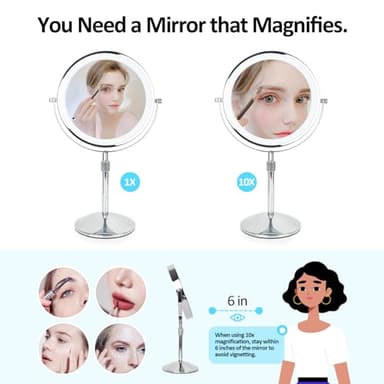 SEAEMIKO 8" Makeup Mirror with Lights, Rechargeable 1x/10x LED Lighted Magnifying Mirror with 3 Colors, 360° Rotation Rechargeable Double Sided Mirror, Touch Dimming, Adjustable Height - Image 4