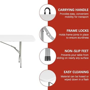 Elevon Folding Table, 8 Feet Heavy Duty Fold-in-Half Utility Table Indoor Outdoor for Camping, Picnic, Party - Image 5