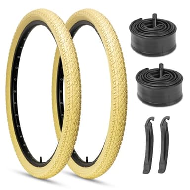 2-Pack Cruiser Bike Tires Set: Hycline 26x2.125 Inch (57-559 mm) Folding Replacement Bicycle Tires and Pair 26-inch Inner Tubes with Tire Levers for Beach or Urban City Commuter Bike-Cream - Image 1