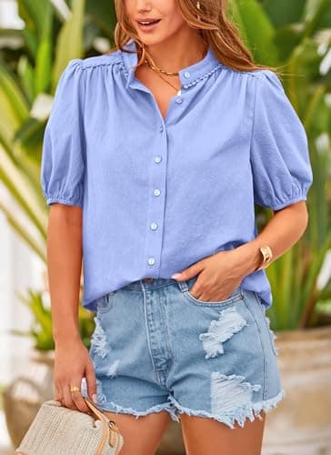 PRETTYGARDEN Women's Summer Button Down Shirts Short Lantern Sleeve V Neck Cotton Cute Dressy Casual Ladies Tops Blouses (Light Blue,Medium) - Image 5