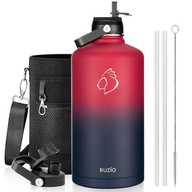 128oz Insulated Water Bottle, BUZIO Gallon Water Jug with Straw Lid and Carrying Sleeve (Cold for 48 Hrs) Stainless Steel Hydro Metal Canteen Water Flask, Ruby Red Navy - Image 1