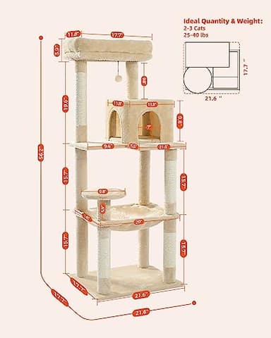 PETEPELA 56.3 Inches Multi-Level Cat Tree Cat Tower with Sisal Covered Scratching Posts, Comfort Condo, Extra Large Hammock and Plush Perches Beige - Image 4