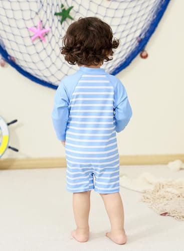 uideazone Baby Boys Swimsuit Rashguard Swimwear Blue Striped Long Sleeve One-Piece Beach Sunsuit 18-24 Months - Image 5