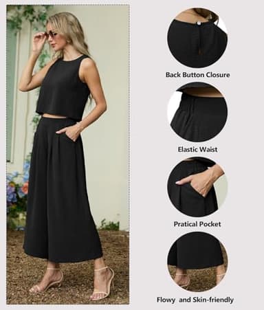Lepunuo Women's Summer 2 Piece Outfits Sleeveless Tank Crop Top and Casual Wide Leg Pants Lounge Summer Trendy Clothes - Image 2