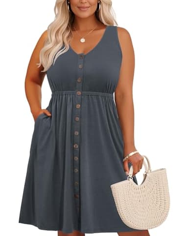 Holipick Women's Plus Size Summer Dresses for Women Casual Dress with Pockets A-Line Swing Button Down Sleeveless V Neck Gray - Image 1