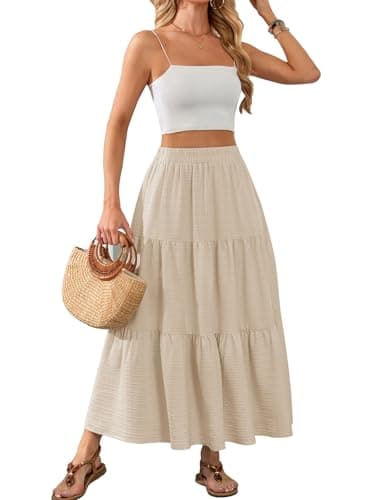 HUSKARY Boho Maxi Skirts for Women Summer Elegant A-Line Flowy Smock Tiered Skirt High Waisted Solid Color Long Skirts with Pockets - Image 1