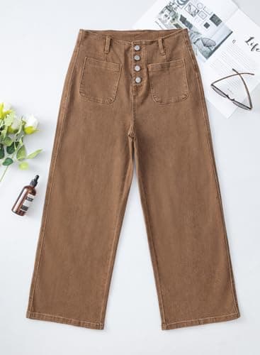 Sidefeel Women's Wide Leg Jeans High Waisted Stretchy Zimbaplatinum Straight Leg Jeans Buttoned Loose Denim Pants with Pocket Brown Size 14 - Image 5
