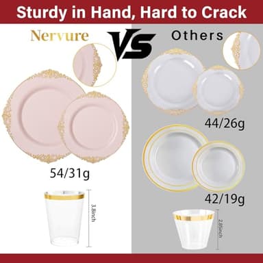 Nervure 350PCS Pink Plastic Plates - Pink Dinnerware Sets for 50 Guests - 100 Disposable Plates, 150 Gold Plastic Silverware, 50 Cups, 50 Napkins for Wedding & Party - Image 4