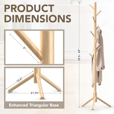 Hupmad Wooden Tree Coat Rack Stand,Sturdy Freestanding Coat Rack with 8 Hooks,3 Adjustable Height for Child Adult,Wood Coat Stand Tree Fits Entryway Bedroom Office for Bags,Hats - Image 5