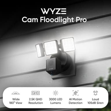WYZE Floodlight Camera Pro, PCMag Editors' Choice 3000-Lumen LEDs, 2.5K HD Outdoor Security Camera, 180° Wide View, Color Night Vision, Works with Alexa & Google, Wired. Free Expert Setup - Image 2