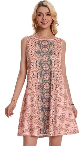 Sundress for Women Floral Bohemian Dress Sleeveless Loose Aline Beach Cover Up(Pink Boho Flower,L) - Image 5