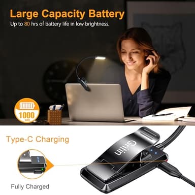 Gritin 9 LED Rechargeable Book Light for Reading in Bed - Eye Caring 3 Color Temperatures,Stepless Dimming Brightness,80 Hrs Runtime Small Lightweight Clip On Book Reading Light for Studying - Image 4