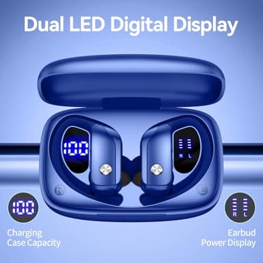 bmani Ear Buds Wireless Earbuds Bluetooth Headphones with 80H Playtime LED Display Case, Over-Ear Hook with Mic, Stereo Sound, Easy Button Controls, Sports Earphones for Running Workout Gym Blue - Image 3