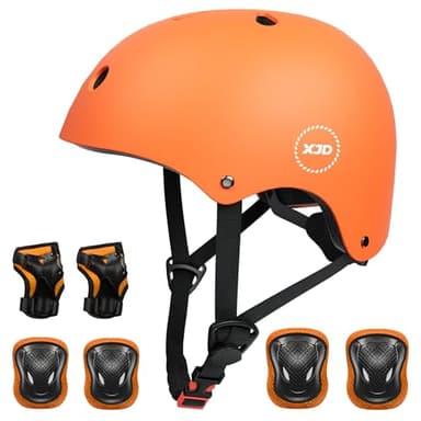 XJD Kids Bike Helmet,Multi-Sport Protective Gear Set for 3-5-8-14 Years Boys Girls with Knee and Elbow Pads Wrist Guards fit Roller Skates,Cycling,Skateboarding,Skating Scooter (Orange, Medium) - Image 1
