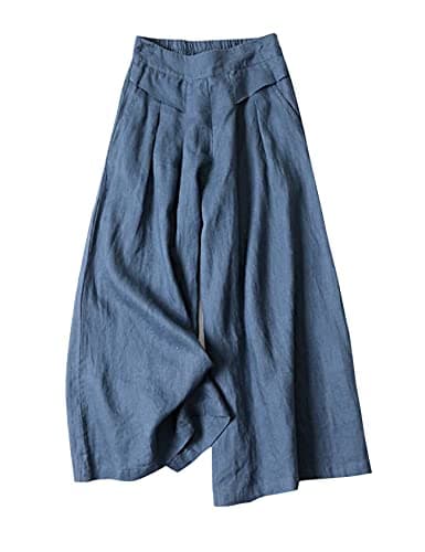 Gihuo Women' s Casual Cotton Linen Palazzo Pants Elastic Waist Wide Leg Culottes(DarkBlue-L) - Image 1