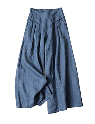 Gihuo Women' s Casual Cotton Linen Palazzo Pants Elastic Waist Wide Leg Culottes(DarkBlue-L) - Image 1