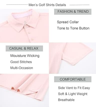 Alex Vando Mens Golf Shirt Moisture Wicking Quick-Dry Short Sleeve Casual Polo Shirts for Men,Lt Pink,M - Image 3