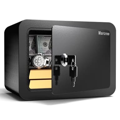 Marcree 0.23 Cub Safe, Small Safe Box with Key, Mini Home Safes for Money, Coin and Cash, Security Safes for Kids, Lock Box for Personal Items, Black, 6.69 x 9.06 x 6.69 Inches - Image 1