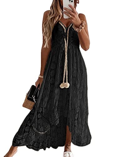 CUPSHE Women's Summer Dresses Sleeveless Lace Casual Tassel Beach Spaghetti Straps Flowy Maxi Sun Dress Black, L - Image 1