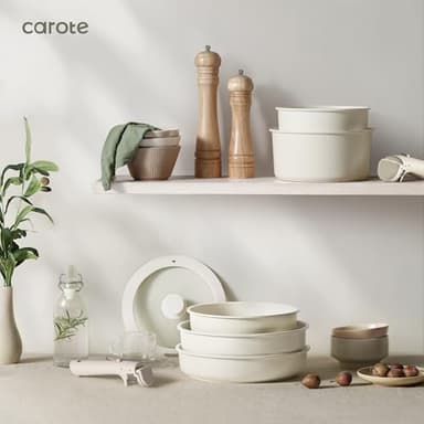 CAROTE 5pcs Pots and Pans Set Non Stick, Cookware Set, Removable Handle Pots and Pans Nonstick, RV Oven Safe Cookware, Induction Kitchen Cookware Set, Knife Set, Cream White - Image 8