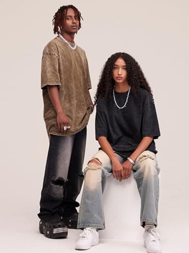 2 Pack Men's Oversized Cotton T-Shirts Loose Fit Vintage Tee Short Sleeve Casual Tshirts Solid Tops(BKCF,2XL) - Image 6