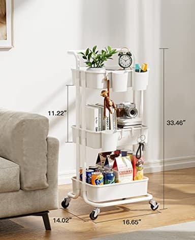Pipishell 3-Tier Rolling Cart with Wheels - Rolling Storage Cart with Hanging Cups & Hooks - Mobile Utility Cart for Office, Kitchen, Craft Room - Art & Craft Organizer, White, PIUC06W - Image 5