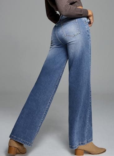 Sidefeel Jeans for Women Trendy High Waisted Stretchy Wide Leg Jeans Seamed Front Straight Leg Trendy Loose Denim Pants Light Blue Size 12 - Image 6