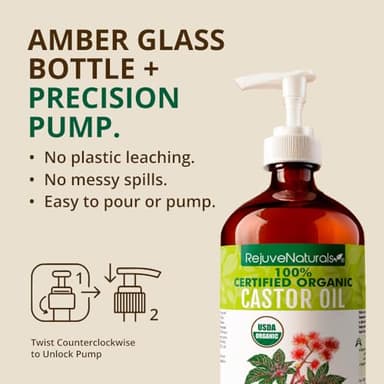 RejuveNaturals Castor Oil (16oz Glass Bottle) USDA Certified Organic, 100% Pure, Cold Pressed, Hexane Free. Boost Hair Growth for Thicker, Fuller Hair, Lashes & Eyebrows. - Image 6