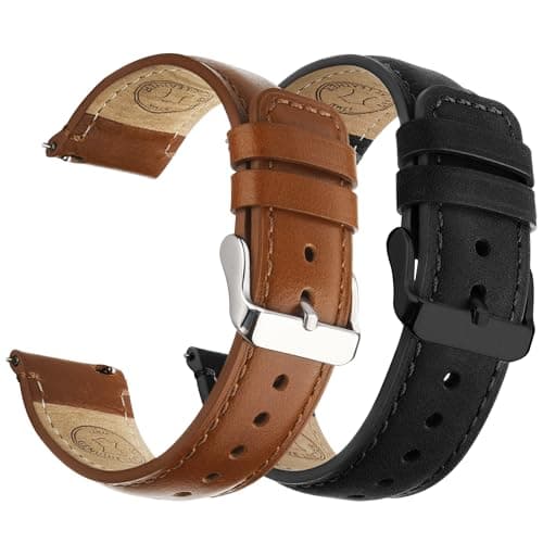Fullmosa 18mm 20mm 22mm Leather Watch Bands Quick Release Watch Strap for Men Women, 2 Pack Soft Replacement Strap Wristband with Stainless Steel Buckle,20mm Toffee Brown&Silver/Black&Black - Image 1