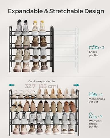 SONGMICS Expandable Shoe Rack, 3 Tier Shoe Rack Shelf, Adjustable Shoe Organizer Storage for 20 Pairs of Shoes, Metal Free Standing Shoe Racks for Closet, Front Door Entryway, Easy Assembly, Ink Black - Image 4
